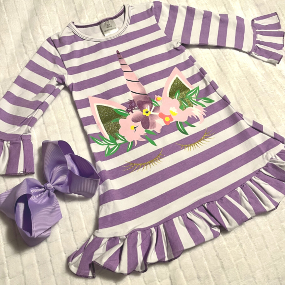 NEW Unicorn Lashes Party Ruffle Dress Purple Stripes Size XS 2T Girl Toddler Bow
